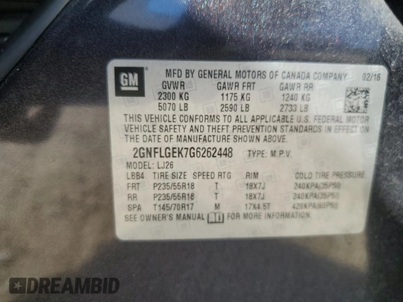 2016 Chevrolet Equinox LTZ with VIN 2GNFLGEK7G6262448, listed as a Copart auction lot 49449885 with 180,608 mi miles and Salvage Title. Bid and sale history available at carsss.com. Image 15.