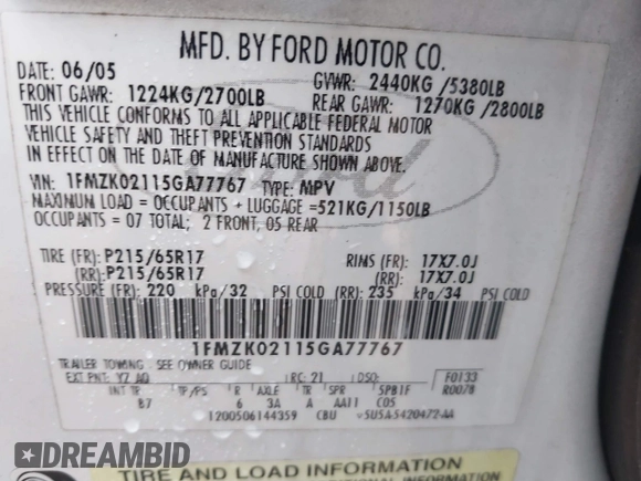 2005 Ford Freestyle SEL z VIN 1FMZK02115GA77767, wystawiony jako IAAI lot #41717441 z przebiegiem 149 309 mil mil oraz . Historia ofert i sprzedaży dostępna na DreamBid. Obrazek 9.