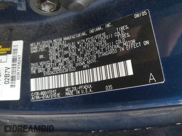 2005 Toyota Sienna CE with VIN 5TDZA23C55S381533, listed as a IAAI auction lot 42007324 with 221,520 mi miles and . Bid and sale history available at DreamBid. Image 9.
