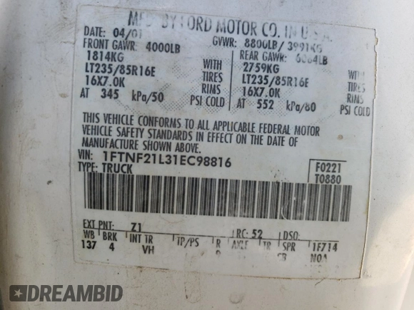 2001 Ford F-250 XL z VIN 1FTNF21L31EC98816, wystawiony jako Copart lot #72825944 z przebiegiem 145 083 mil mil oraz Szkoda całkowita • Salvage title. Historia ofert i sprzedaży dostępna na DreamBid. Obrazek 12.