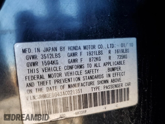 2010 Honda Fit Sport with VIN JHMGE8G43AC021351, listed as a Copart auction lot 43142455 with 108,554 mi miles and Salvage title. Bid and sale history available at DreamBid. Image 12.