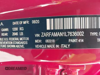 2020 Alfa Romeo Giulia with VIN ZARFAMAN1L7636002, listed as a IAAI auction lot 42121135 with 55,510 mi miles. Bid and sale history available at carsss.com. Image 9.