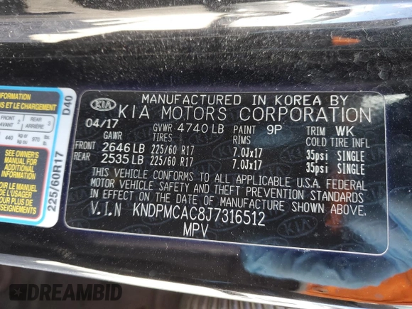 2018 Kia Sportage LX with VIN KNDPMCAC8J7316512, listed as a Copart auction lot 47143515 with 117,147 mi miles and Salvage Title. Bid and sale history available at DreamBid. Image 16.