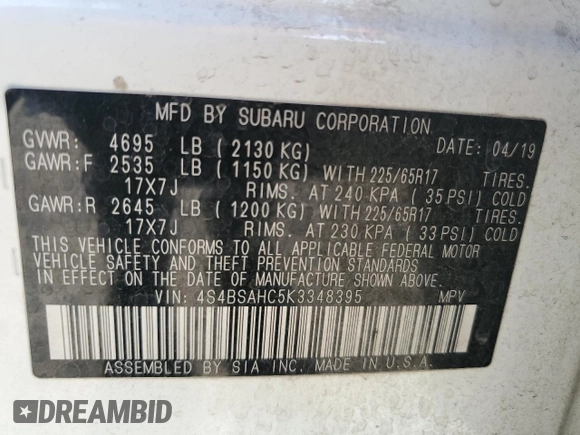 2019 Subaru Outback Premium z VIN 4S4BSAHC5K3348395, wystawiony jako Copart lot #60330825 z przebiegiem 93 686 mil mil oraz Szkoda całkowita • Salvage title. Historia ofert i sprzedaży dostępna na DreamBid. Obrazek 12.