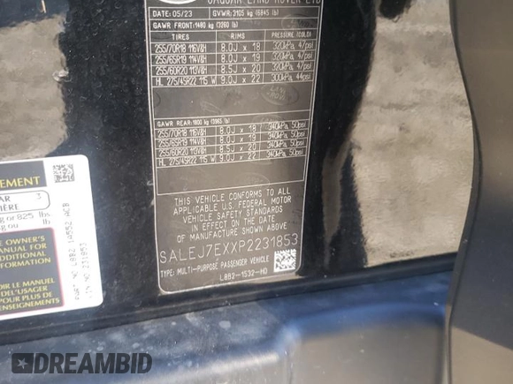 2023 Land Rover Defender S с VIN SALEJ7EXXP2231853, выставлен на аукционе Copart как лот 85451834 с пробегом Не указан миль и Списание • Salvage title. История ставок и продаж доступна на DreamBid. Изображение 13.