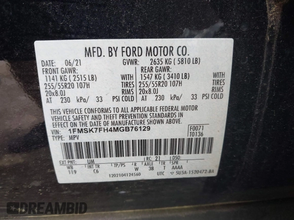 2021 Ford Explorer Limited z VIN 1FMSK7FH4MGB76129, wystawiony jako IAAI lot #42391536 z przebiegiem 68 336 mil mil oraz . Historia ofert i sprzedaży dostępna na DreamBid. Obrazek 9.