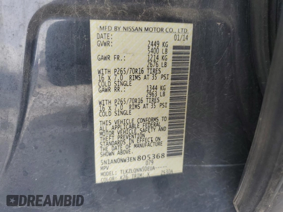 2014 Nissan Xterra X with VIN 5N1AN0NW3EN805368, listed as a Copart auction lot 51140885 with 120,104 mi miles and Salvage Title. Bid and sale history available at DreamBid. Image 15.