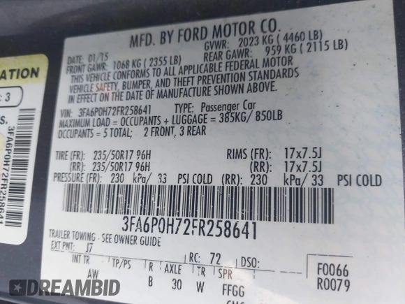 2015 Ford Fusion SE with VIN 3FA6P0H72FR258641, listed as a IAAI auction lot 42336660 with 276,647 mi miles and . Bid and sale history available at DreamBid. Image 9.