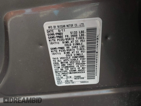 2011 Nissan Murano LE with VIN JN8AZ1MU0BW069384, listed as a IAAI auction lot 41758592 with 149,486 mi miles and . Bid and sale history available at carsss.com. Image 9.