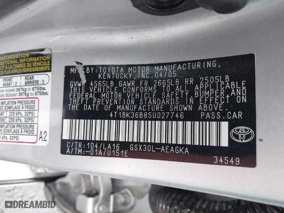 2005 Toyota Avalon XL with VIN 4T1BK36B85U027746, listed as a IAAI auction lot 41609354 with 183,844 mi miles. Bid and sale history available at carsss.com. Image 9.