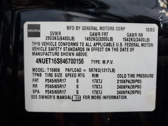2004 Isuzu Ascender S with VIN 4NUET16S846700156, listed as a Copart auction lot 72399924 with 162,569 mi miles and Salvage title. Bid and sale history available at DreamBid. Image 14.