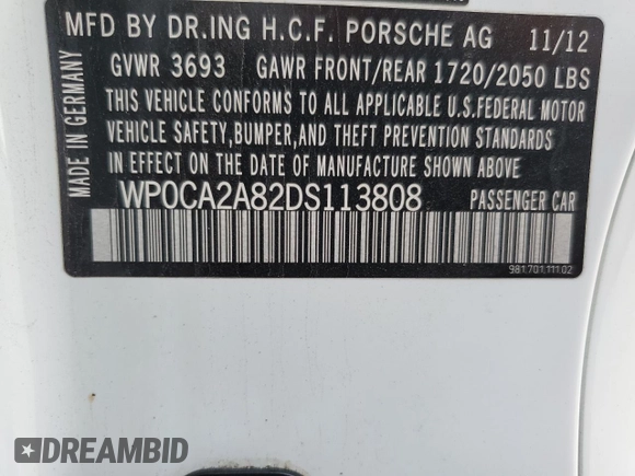 2013 Porsche Boxster с VIN WP0CA2A82DS113808, выставлен на аукционе Copart как лот 86105554 с пробегом 58 526 миль миль и Списание • Salvage title. История ставок и продаж доступна на DreamBid. Изображение 13.