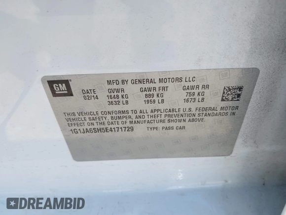 2014 Chevrolet Sonic LS with VIN 1G1JA6SH5E4171729, listed as a IAAI auction lot 42271221 with 58,117 mi miles and . Bid and sale history available at DreamBid. Image 9.