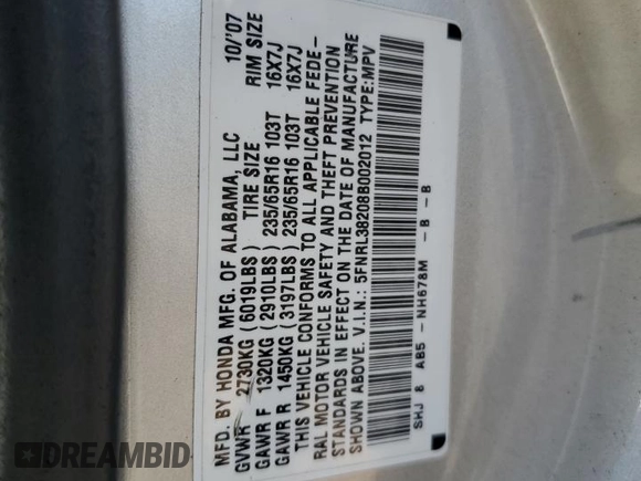 2008 Honda Odyssey LX with VIN 5FNRL38208B002012, listed as a Copart auction lot 77695074 with 207,184 mi miles and Clean title. Bid and sale history available at DreamBid. Image 13.