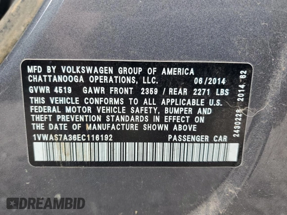 2014 Volkswagen Passat Wolfsburg Edition with VIN 1VWAS7A36EC116192, listed as a Copart auction lot 57643045 with 89,026 mi miles and Salvage title. Bid and sale history available at DreamBid. Image 12.