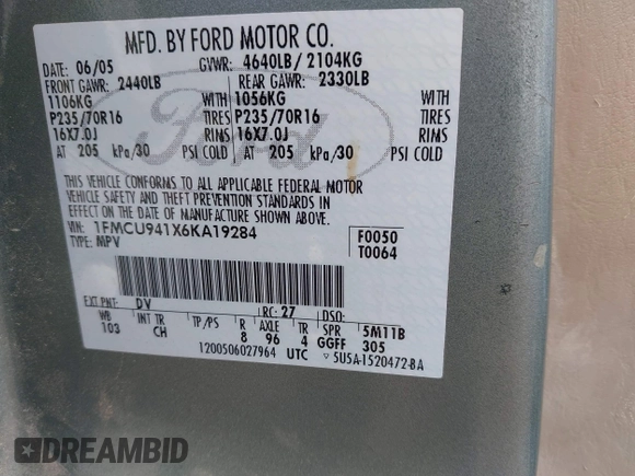 2006 Ford Escape Limited with VIN 1FMCU941X6KA19284, listed as a IAAI auction lot 42413317 with 189,932 mi miles and . Bid and sale history available at DreamBid. Image 9.