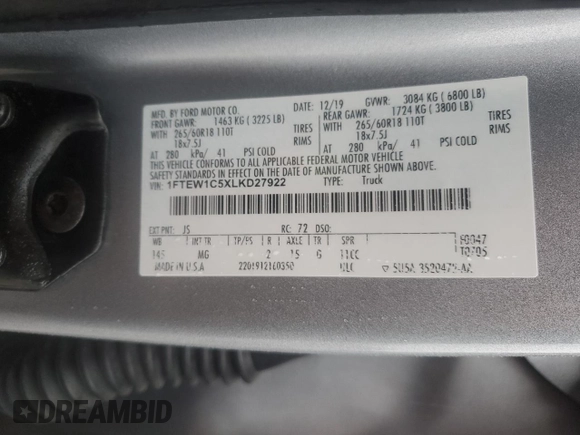 2020 Ford F-150 XL with VIN 1FTEW1C5XLKD27922, listed as a Copart auction lot 44441255 with 106,792 mi miles and Salvage Title. Bid and sale history available at carsss.com. Image 12.