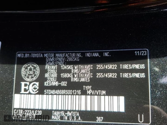 2024 Lexus TX 500h F Sport Premium with VIN 5TDABAB68RS001316, listed as a Copart auction lot 56285105 with 12,465 mi miles and Clean title. Bid and sale history available at DreamBid. Image 13.