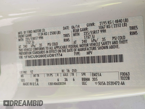 2014 Ford Escape SE with VIN 1FMCU9G90EUD81774, listed as a IAAI auction lot 42067148 with 115,277 mi miles. Bid and sale history available at carsss.com. Image 9.