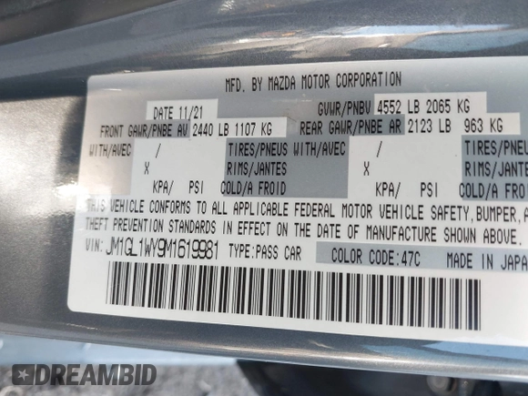 2021 Mazda 6 Carbon Edition with VIN JM1GL1WY9M1619981, listed as a IAAI auction lot 41751194 with 32,083 mi miles and . Bid and sale history available at DreamBid. Image 9.