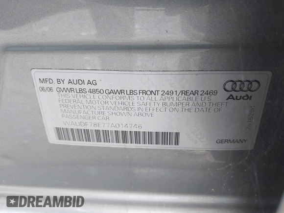 2007 Audi A4 2.0T с VIN WAUDF78E77A014746, выставлен на аукционе IAAI как лот 42382690 с пробегом 148 206 миль миль и . История ставок и продаж доступна на DreamBid. Изображение 9.