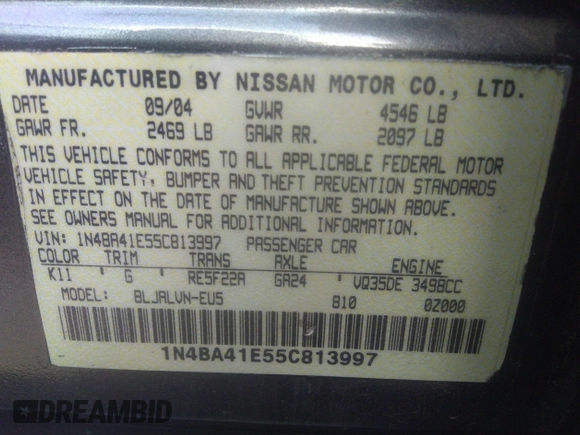2005 Nissan Maxima SL with VIN 1N4BA41E55C813997, listed as a IAAI auction lot 31486638 with Not provided miles and . Bid and sale history available at DreamBid. Image 9.