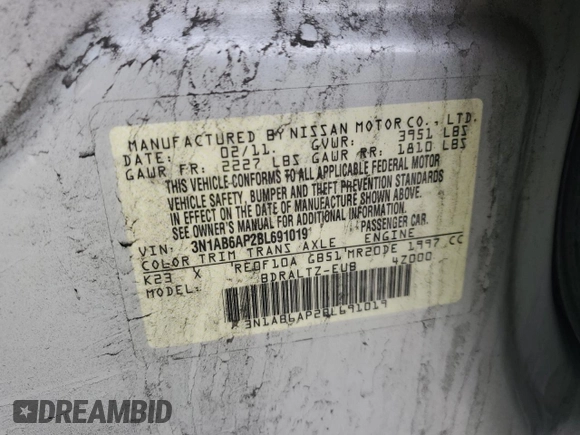 2011 Nissan Sentra SR with VIN 3N1AB6AP2BL691019, listed as a Copart auction lot 55044385 with 147,991 mi miles and Clean title. Bid and sale history available at DreamBid. Image 12.
