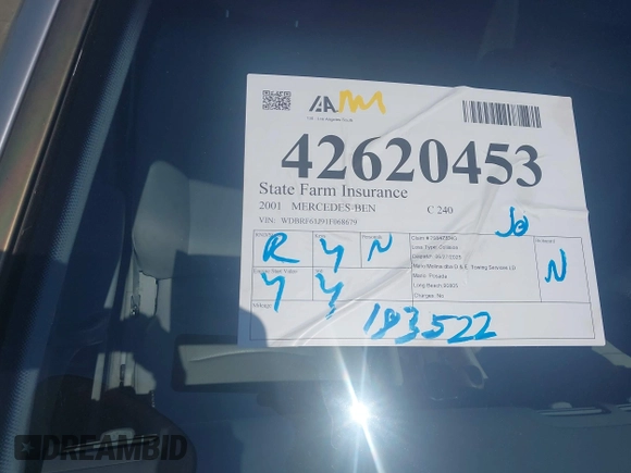 2001 Mercedes-Benz C 230/260/280/320 с VIN WDBRF61J91F068679, выставлен на аукционе IAAI как лот 42620453 с пробегом 183 522 миль миль и . История ставок и продаж доступна на DreamBid. Изображение 17.