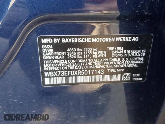 2024 BMW X1 xDrive28i z VIN WBX73EF0XR5017143, wystawiony jako Copart lot #54323325 z przebiegiem 5 411 mil mil oraz Szkoda całkowita • Salvage title. Historia ofert i sprzedaży dostępna na DreamBid. Obrazek 13.