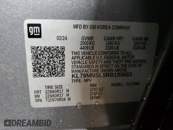 2024 Chevrolet TrailBlazer LS with VIN KL79MNSL5RB190683, listed as a Copart auction lot 82600314 with 4,148 mi miles and Salvage Title. Bid and sale history available at DreamBid. Image 13.