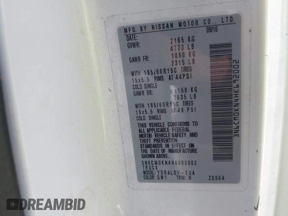 2017 Nissan NV200 S с VIN 3N6CM0KN4HK692002, выставлен на аукционе IAAI как лот 42600116 с пробегом 157 810 миль миль и . История ставок и продаж доступна на DreamBid. Изображение 9.
