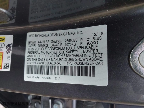 2019 Honda Accord Sedan Sport 1.5T with VIN 1HGCV1F32KA024546, listed as a IAAI auction lot 40437605 with NaN miles. Bid and sale history available at carsss.com. Image 9.