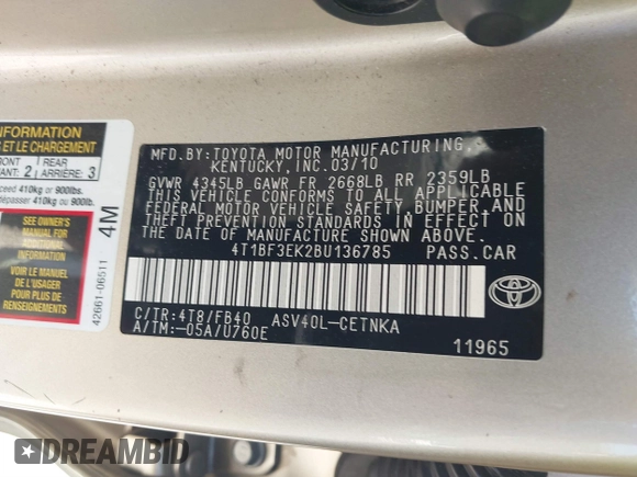 2011 Toyota Camry LE with VIN 4T1BF3EK2BU136785, listed as a IAAI auction lot 41674734 with 197,657 mi miles. Bid and sale history available at carsss.com. Image 9.