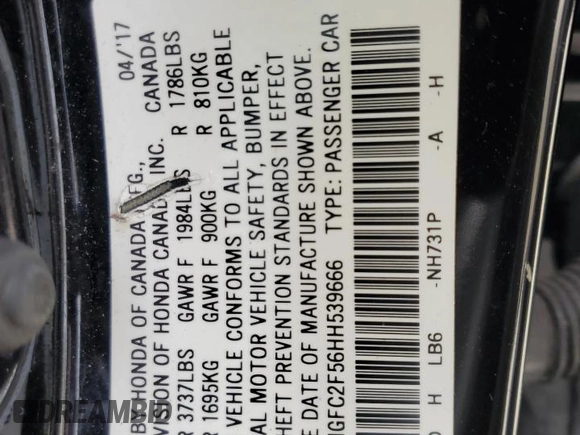 2017 Honda Civic LX with VIN 2HGFC2F56HH539666, listed as a Copart auction lot 58782925 with 108,319 mi miles and Salvage title. Bid and sale history available at DreamBid. Image 13.