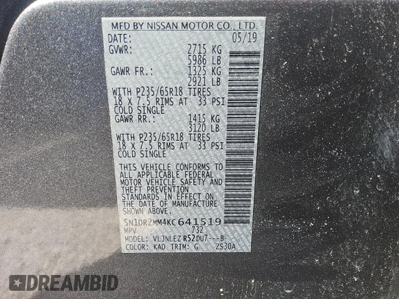 2019 Nissan Pathfinder SV with VIN 5N1DR2MM4KC641519, listed as a Copart auction lot 51615635 with 144,606 mi miles and Clean title. Bid and sale history available at DreamBid. Image 12.