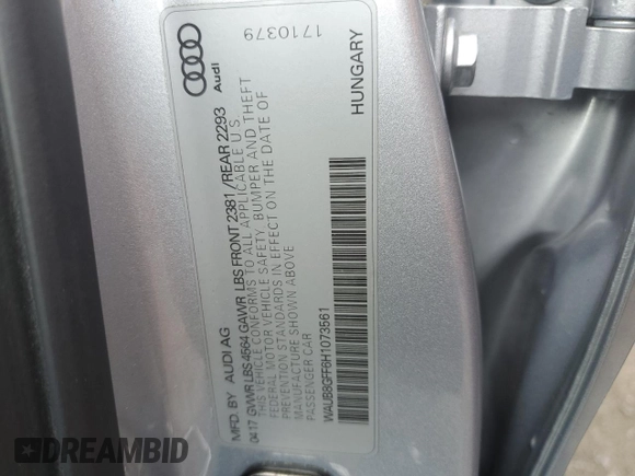 2017 Audi A3 Sedan Premium with VIN WAUB8GFF6H1073561, listed as a Copart auction lot 61051214 with 38,342 mi miles and Salvage Title. Bid and sale history available at carsss.com. Image 12.