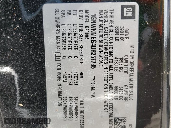 2013 Chevrolet Suburban with VIN 1GNWKMEG4DR257785, listed as a Copart auction lot 76817344 with 68,021 mi miles and Salvage title. Bid and sale history available at DreamBid. Image 14.