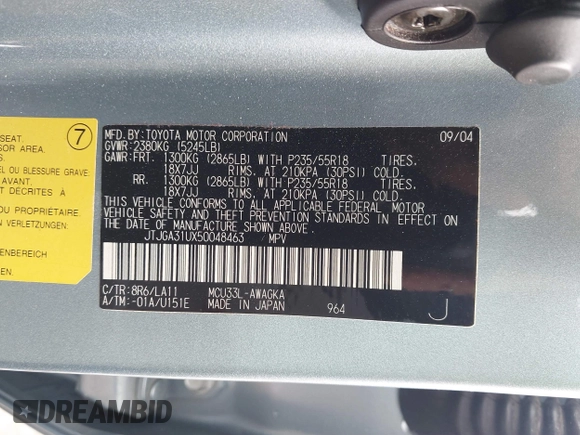 2005 Lexus RX 330 with VIN JTJGA31UX50048463, listed as a IAAI auction lot 41226260 with 76,778 mi miles and . Bid and sale history available at DreamBid. Image 9.