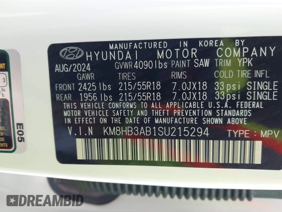 2025 Hyundai Kona SEL with VIN KM8HB3AB1SU215294, listed as a IAAI auction lot 41835866 with 484 mi miles. Bid and sale history available at carsss.com. Image 9.