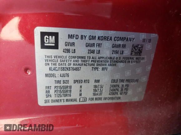 2019 Buick Encore Sport Touring with VIN KL4CJ1SB2KB764657, listed as a Copart auction lot 48848375 with 65,317 mi miles and Salvage Title. Bid and sale history available at DreamBid. Image 14.
