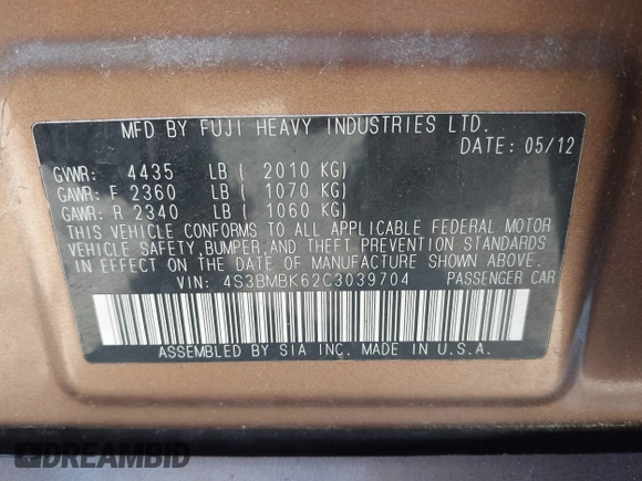 2012 Subaru Legacy Limited with VIN 4S3BMBK62C3039704, listed as a IAAI auction lot 42091092 with 177,350 mi miles and . Bid and sale history available at carsss.com. Image 9.