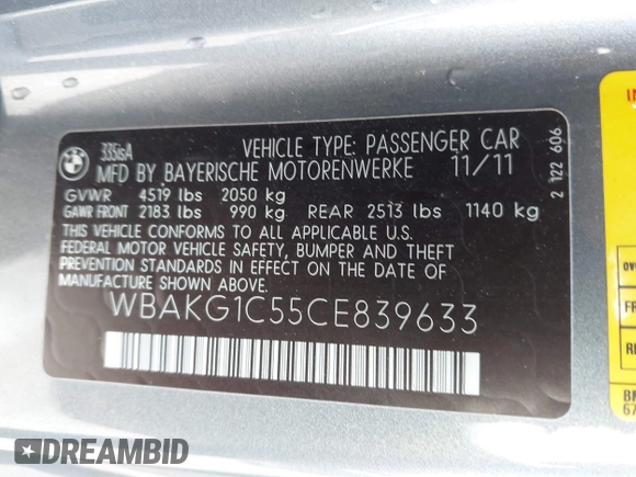 2012 BMW 3 Series 335is with VIN WBAKG1C55CE839633, listed as a IAAI auction lot 42516672 with 111,320 mi miles and . Bid and sale history available at DreamBid. Image 9.