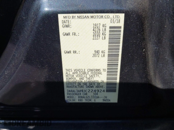 2018 Nissan Altima SR with VIN 1N4AL3AP8JC224924, listed as a IAAI auction lot 42145463 with 124,748 mi miles and . Bid and sale history available at carsss.com. Image 9.