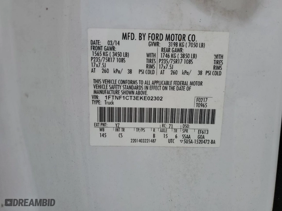 2014 Ford F-150 XL with VIN 1FTNF1CT3EKE02302, listed as a Copart auction lot 69056354 with 203,763 mi miles and Salvage Title. Bid and sale history available at carsss.com. Image 16.