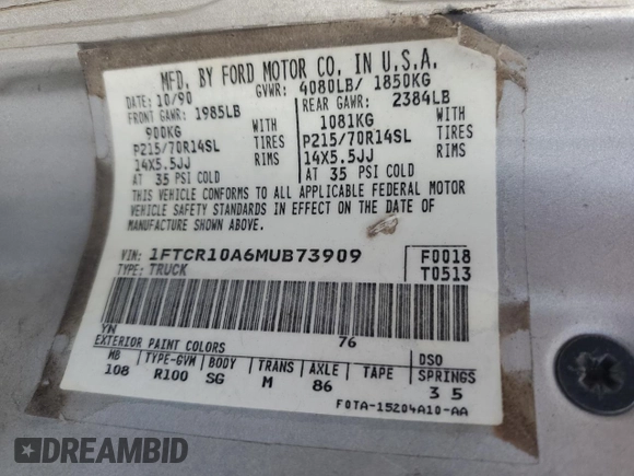 1991 Ford Ranger Splash with VIN 1FTCR10A6MUB73909, listed as a Copart auction lot 76077984 with 45,403 mi miles and Salvage Title. Bid and sale history available at DreamBid. Image 12.