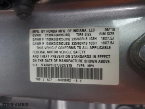 2018 Honda CR-V EX-L with VIN 7FARW1H87JE037219, listed as a Copart auction lot 73110004 with 58,791 mi miles and Non Repairable. Bid and sale history available at carsss.com. Image 15.