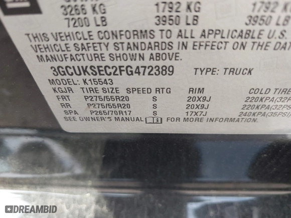 2015 Chevrolet Silverado 1500 LTZ with VIN 3GCUKSEC2FG472389, listed as a IAAI auction lot 41774325 with 1 mi miles. Bid and sale history available at carsss.com. Image 9.