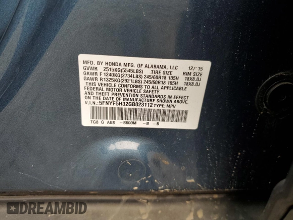 2016 Honda Pilot EX with VIN 5FNYF5H32GB023112, listed as a Copart auction lot 49501325 with 113,511 mi miles and Salvage Title. Bid and sale history available at carsss.com. Image 13.