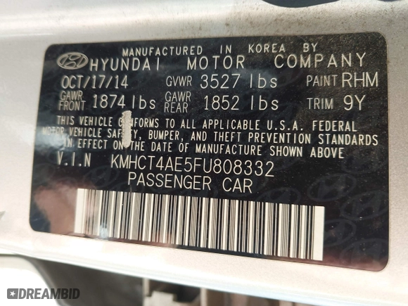 2015 Hyundai Accent GLS with VIN KMHCT4AE5FU808332, listed as a IAAI auction lot 42033625 with 195,433 mi miles. Bid and sale history available at carsss.com. Image 9.
