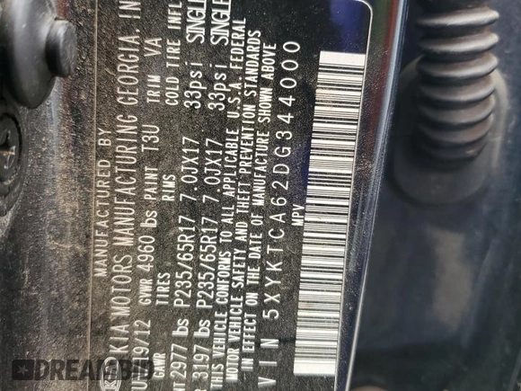 2013 Kia Sorento LX with VIN 5XYKTCA62DG344000, listed as a Copart auction lot 59814105 with 192,178 mi miles and Salvage title. Bid and sale history available at DreamBid. Image 14.